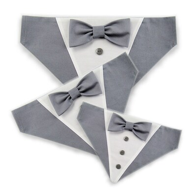Dog Bandana with Bow Tie - "Gray Tuxedo with Gray Bow Tie" - Extra Small to Large Dog - Slide on Bandana - Over The Collar - AA - image3